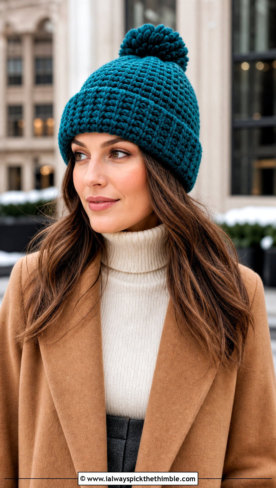 Chunky Crochet Pom Pom Beanie With Wool Coat And Trousers - 15 Simple Chunky Crochet Hat outfit ideas