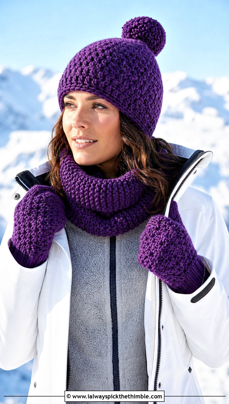 Chunky Crochet Pom Pom Hat Cowl And Mittens With Ski Jacket - 20 Crochet Hat Mittens Scarf Set outfit ideas