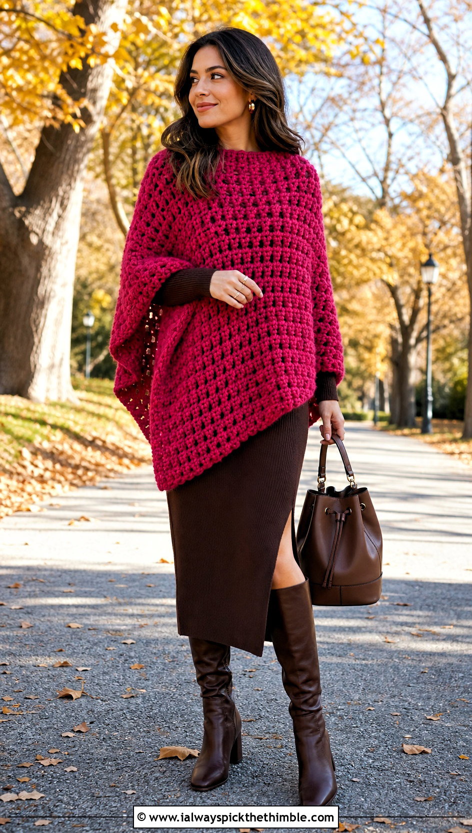 Chunky Crochet Poncho With Knit Midi Dress - 20 Simple Crochet Poncho outfit ideas