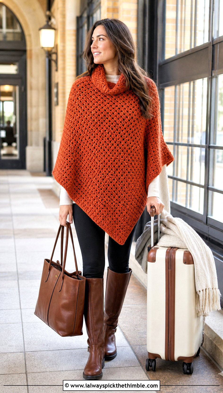 Chunky Crochet Poncho With Leggings And Boots - 20 crochet holiday outfit ideas