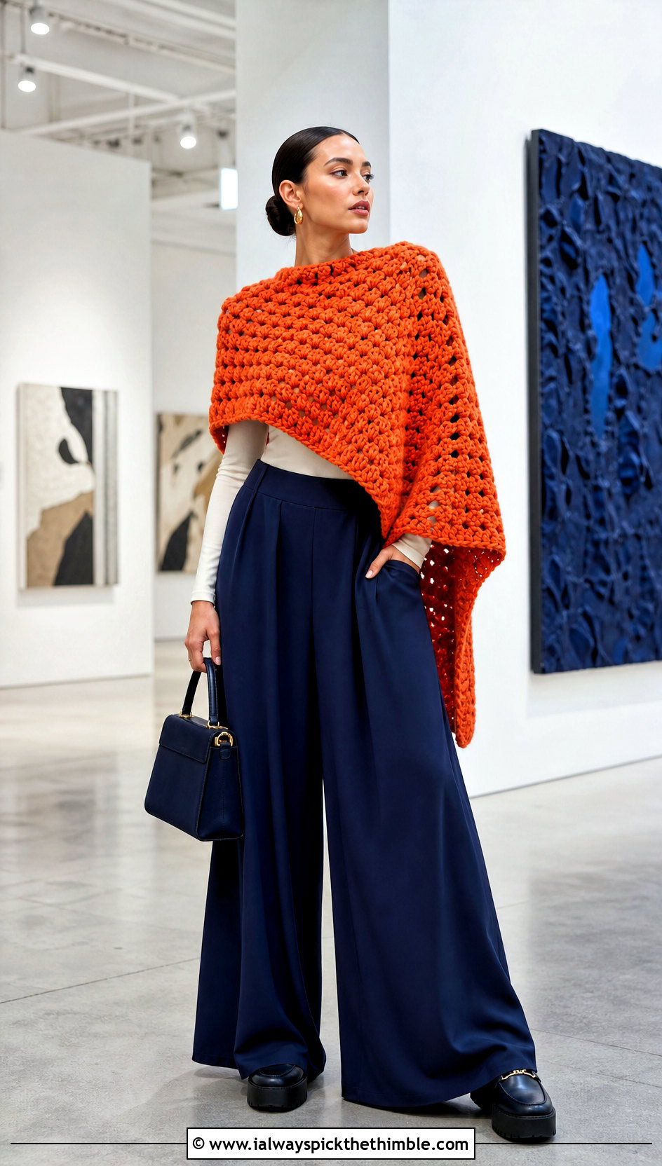 Chunky Crochet Poncho With Palazzo Pants - 25 easy crochet poncho outfit ideas