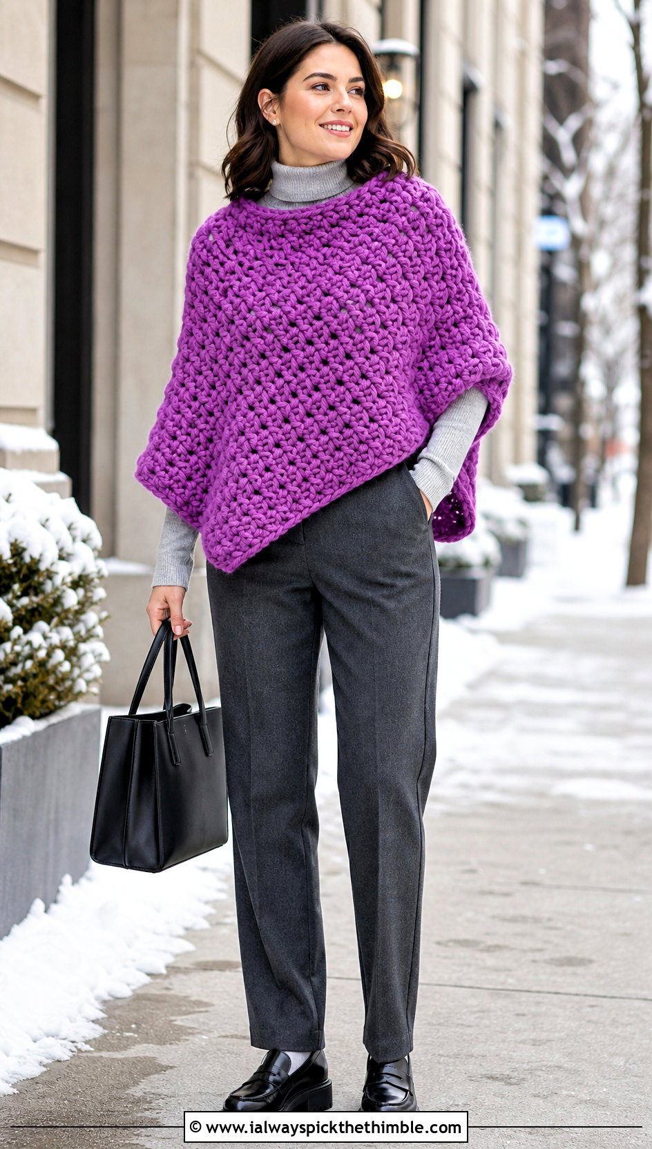 Chunky Crochet Poncho With Straight Trousers - 25 crochet poncho outfit ideas