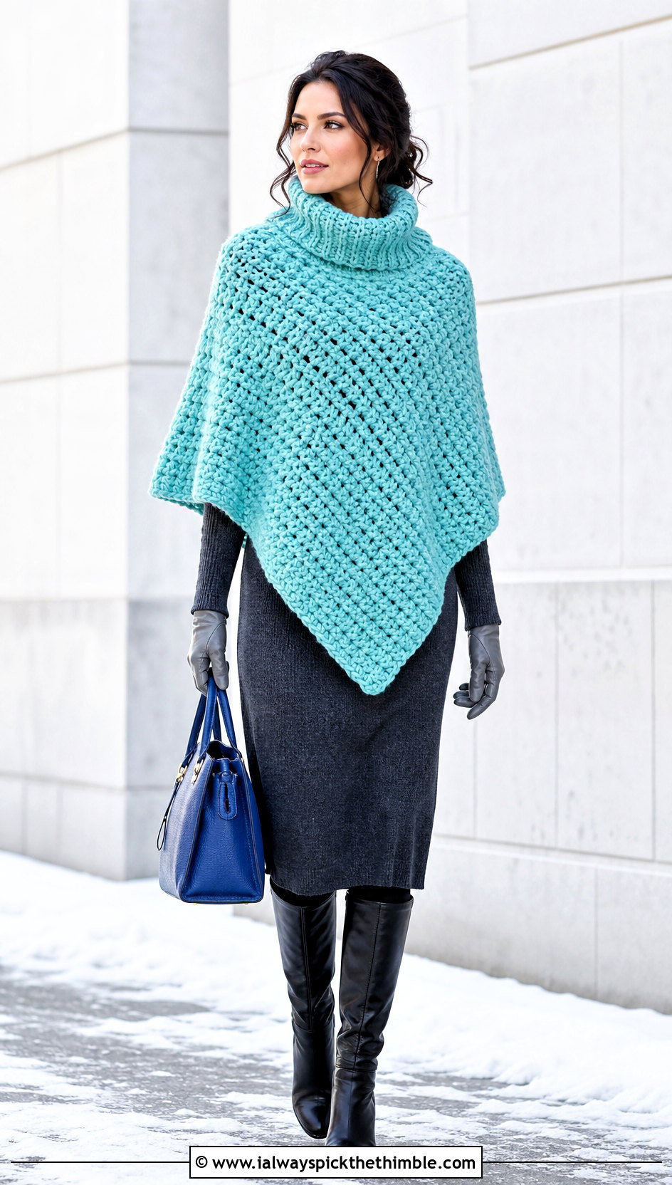 Chunky Crochet Poncho With Sweater Dress And Boots - 15 Crochet For Ponchos For Women outfit ideas