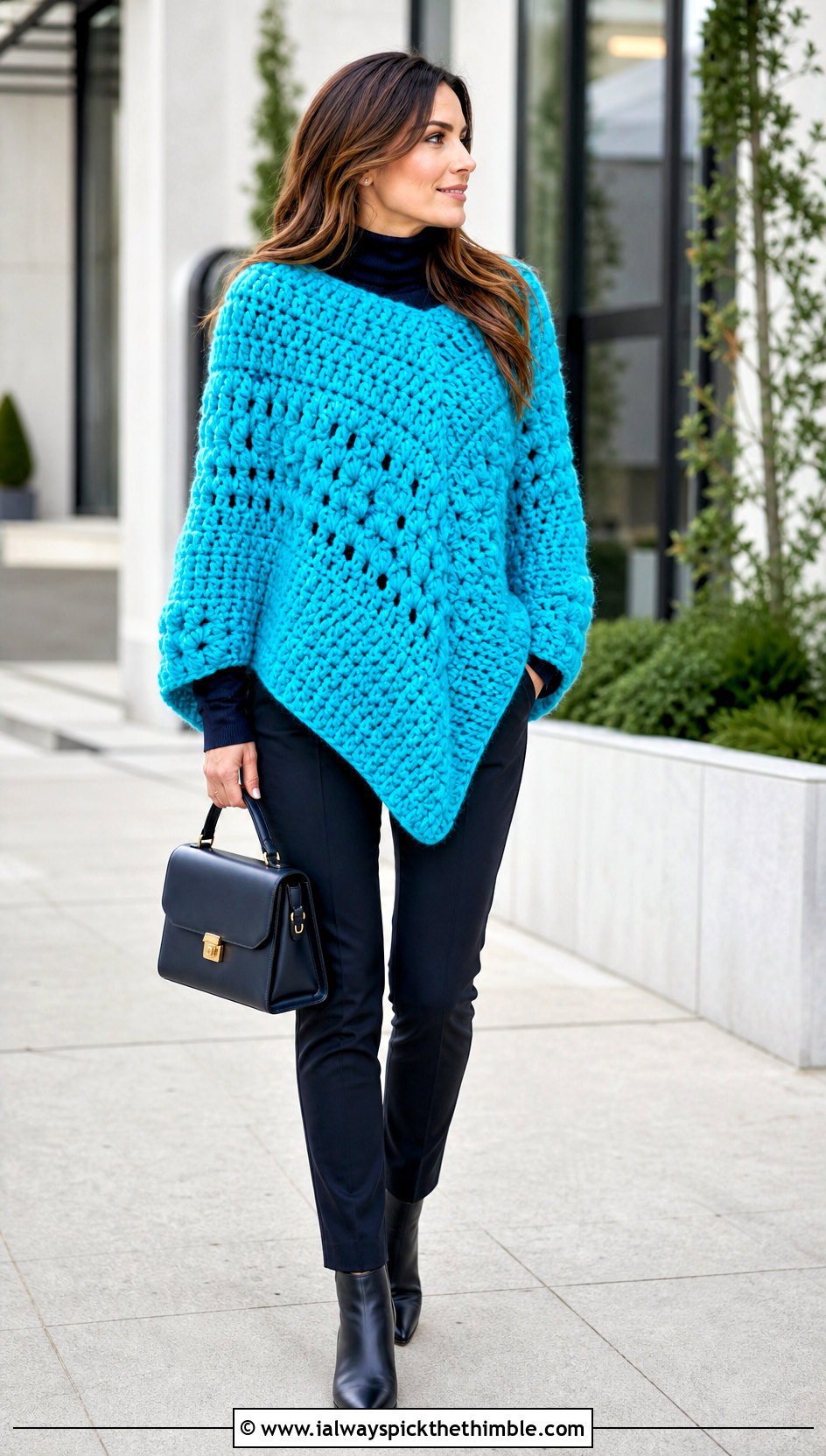 Chunky Crochet Poncho With Turtleneck And Slim Pants - 25 crochet clothes and outfit ideas