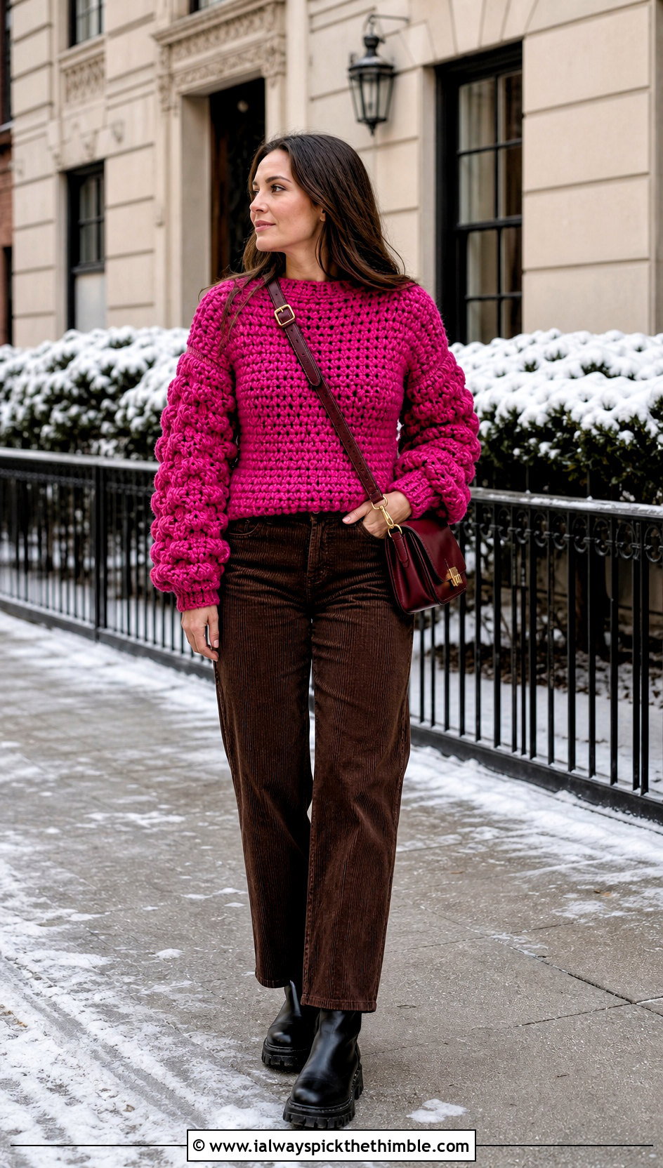 Chunky Crochet Puff Sleeve Sweater With Corduroy Pants - 20 Crochet Puff Sleeve Sweater outfit ideas