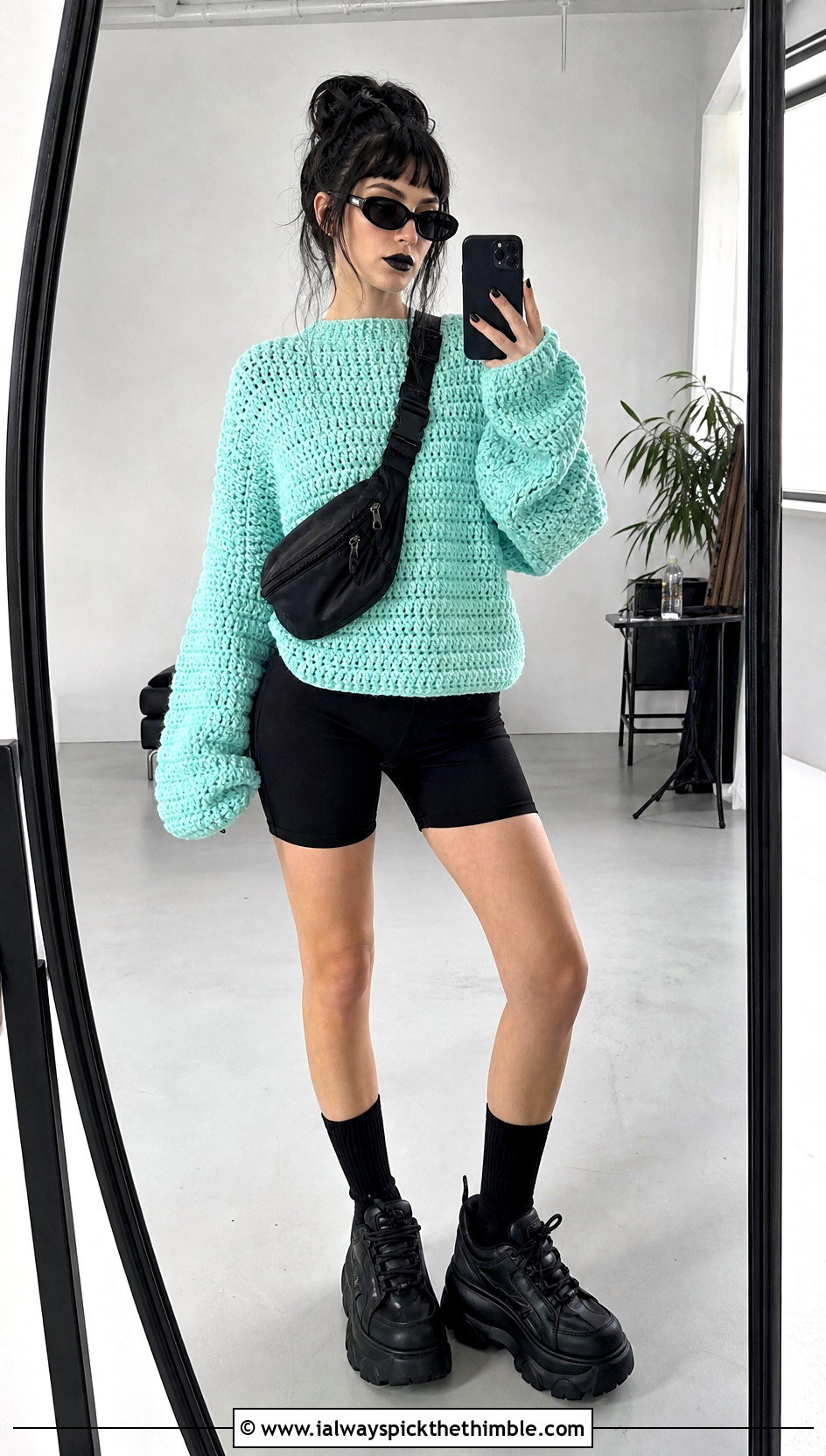 Chunky Crochet Pullover With Biker Shorts - 20 goth crochet sweater outfit ideas