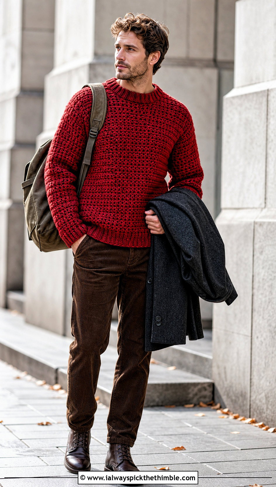 Chunky Crochet Pullover With Corduroy Pants - 15 men crochet clothes and outfit ideas