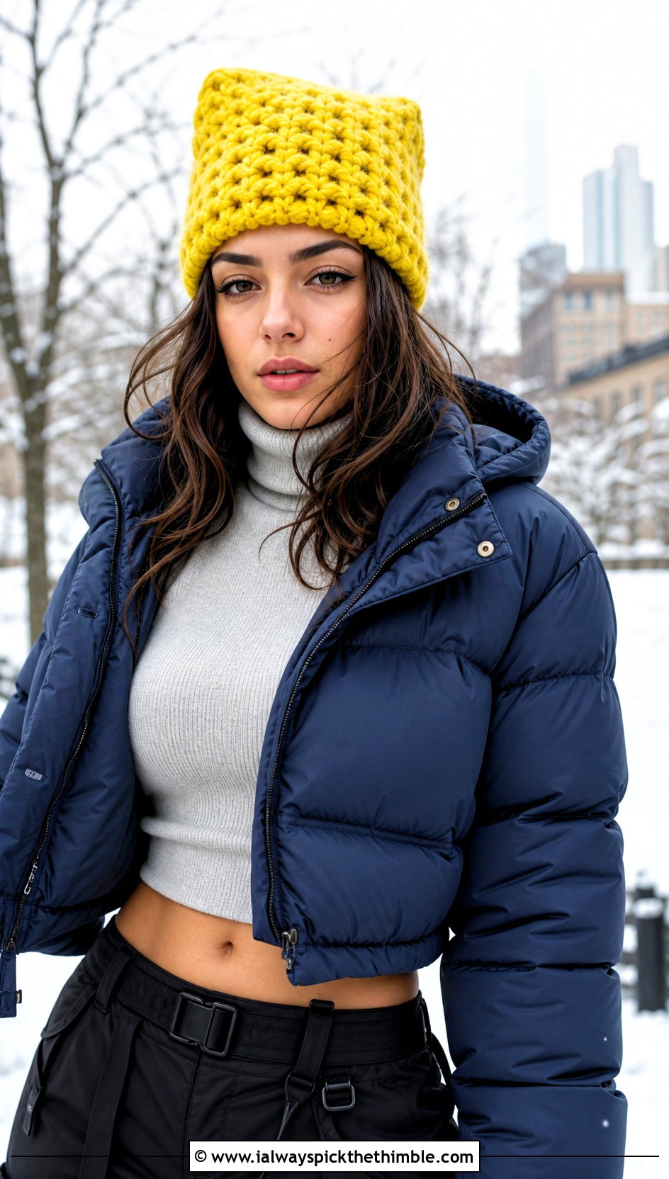 Chunky Crochet Rectangle Beanie With Puffer Jacket - 20 Crochet Rectangle Hat outfit ideas