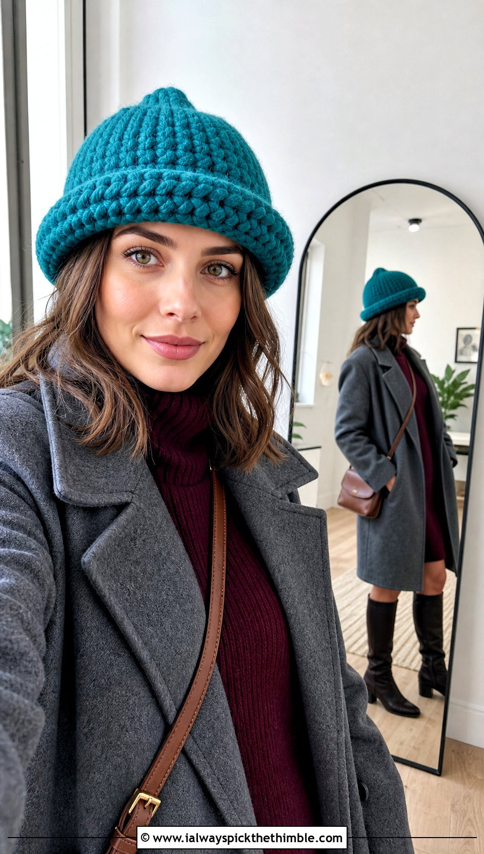 Chunky Crochet Roll Brim Hat With Sweater Dress And Tall Boots - 15 Simple Chunky Crochet Hat outfit ideas