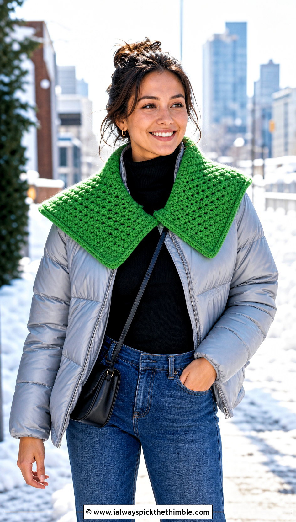 Chunky Crochet Sailor Collar With Puffer Jacket And Jeans - 20 crochet sailor collar outfit ideas