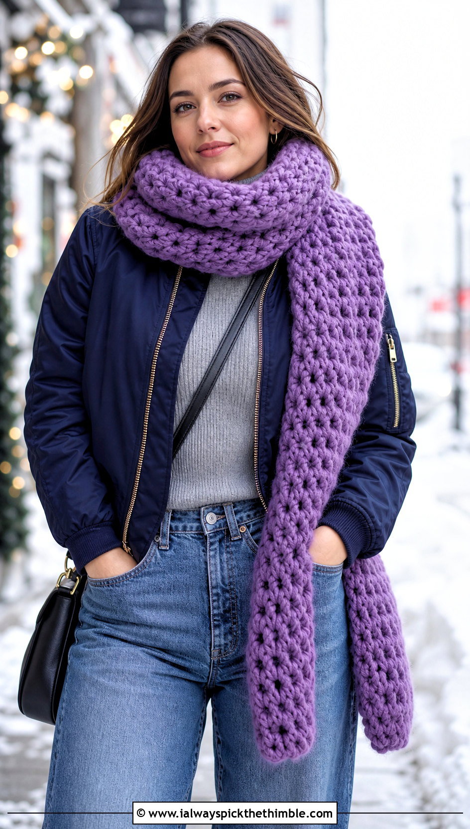 Chunky Crochet Scarf With Barrel Jeans - 20 denim and crochet scarf outfit ideas