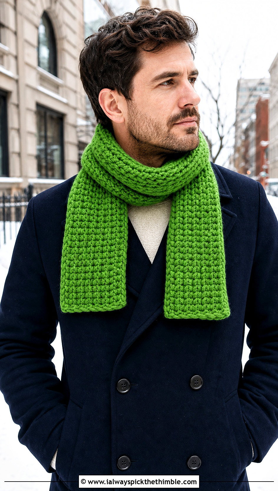 Chunky Crochet Scarf With Peacoat - 25 crochet scarf for men outfit ideas