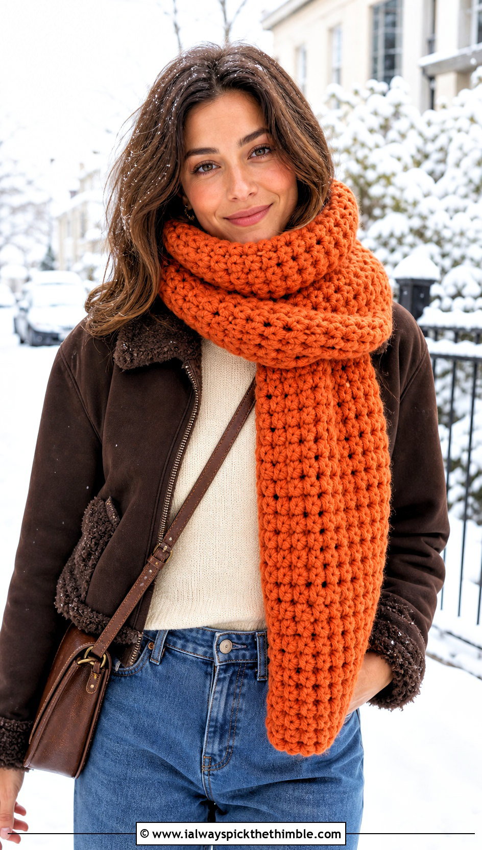 Chunky Crochet Scarf With Shearling Jacket - 20 crochet for scarfs outfit ideas