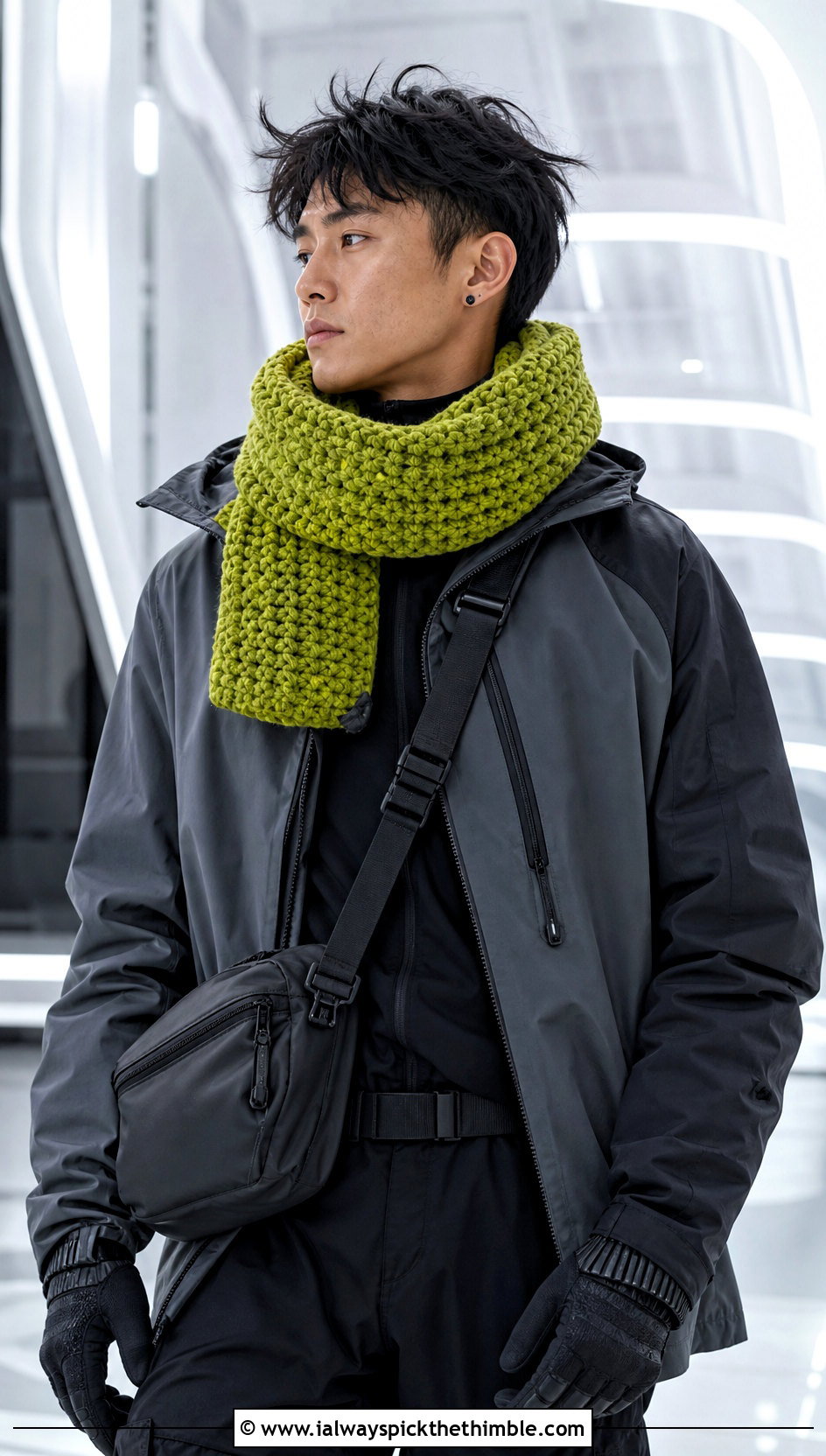 Chunky Crochet Scarf With Techwear Outfit - 25 men's crochet scarf outfit ideas