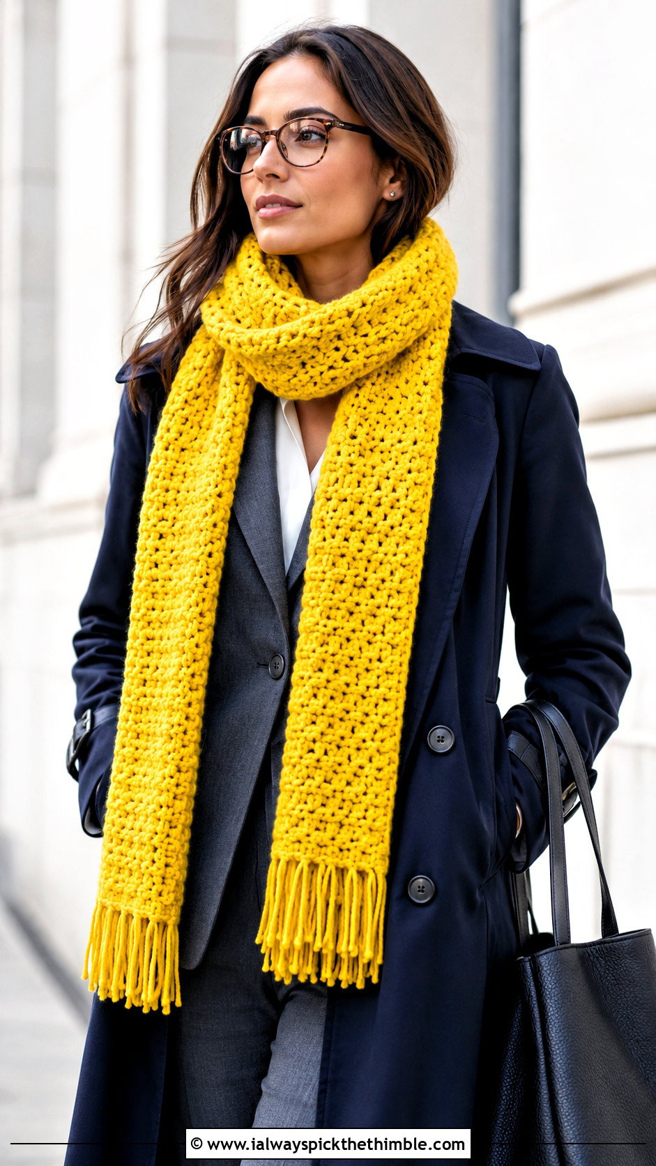 Chunky Crochet Scarf With Trench Coat And Suit - 25 Crochet Winter Outfits ideas