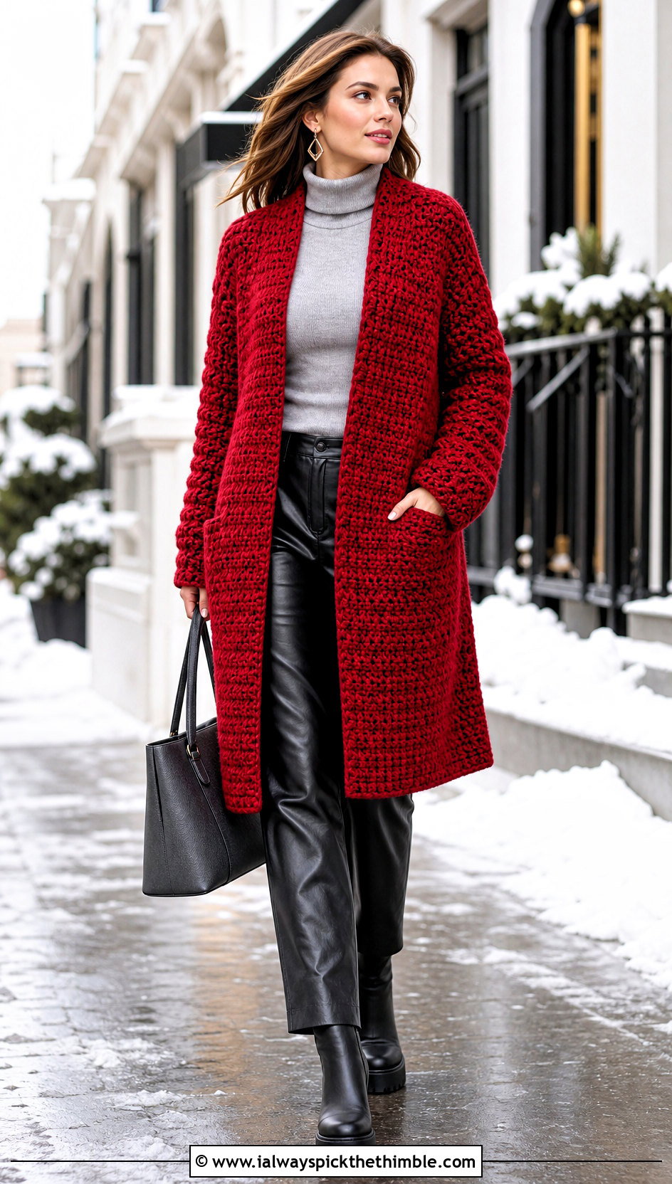 Chunky Crochet Seamless Coatigan With Leather Look Trousers - 20 Crochet Seamless Cardigan outfit ideas