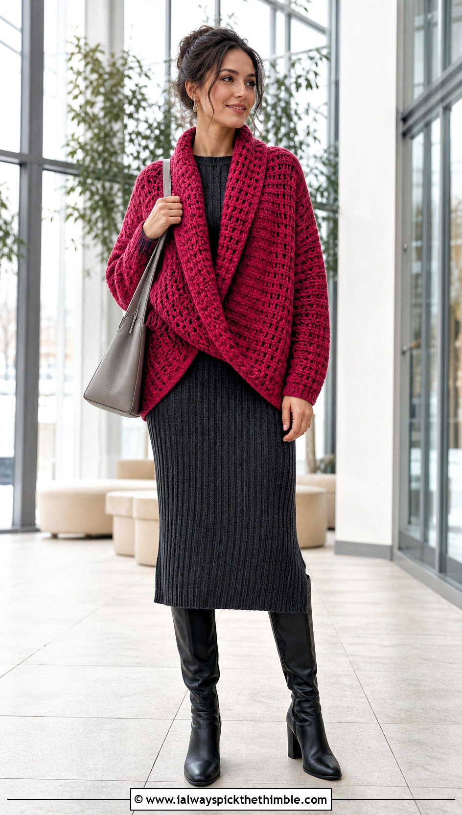 Chunky Crochet Shawl Sweater With Knit Dress - 20 crochet shawl sweater outfit ideas