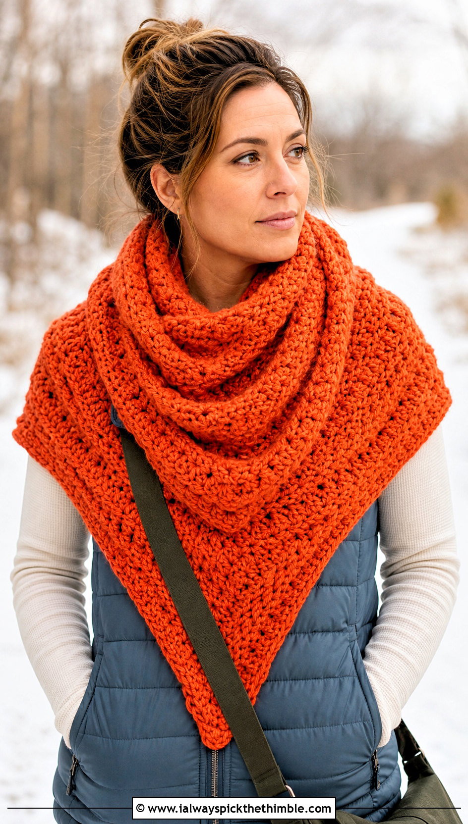 Chunky Crochet Shawl With Puffer Vest - 25 easy simple crochet shawl outfit ideas