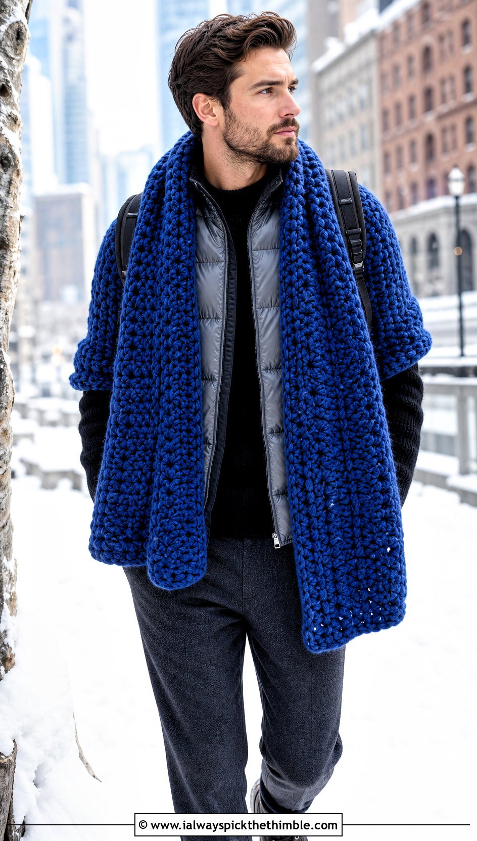 Chunky Crochet Shawl With Puffer Vest - 20 crochet shawl for men outfit ideas