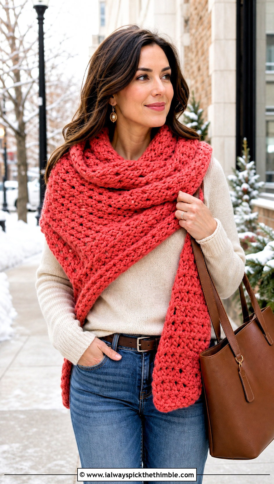 Chunky Crochet Shawl With Sweater And Jeans - 25 quick crochet shawl outfit ideas