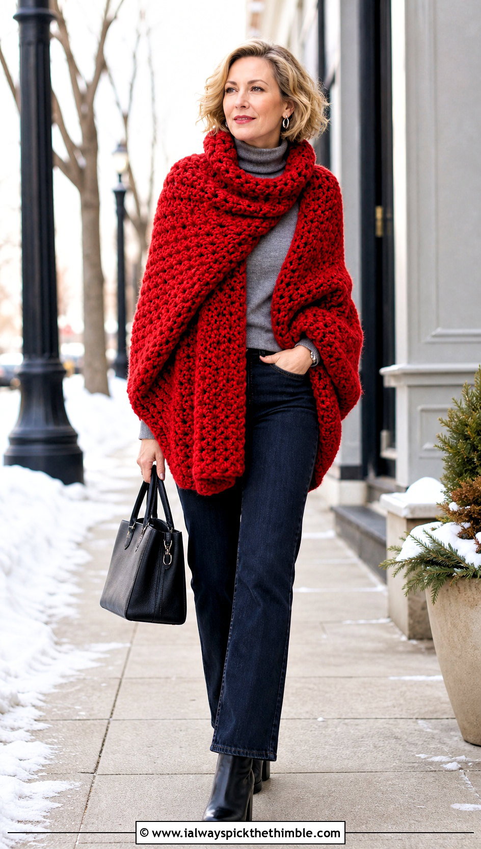 Chunky Crochet Shawl With Turtleneck And Straight Jeans - 20 Stevie Nicks Crochet Shawl outfit ideas