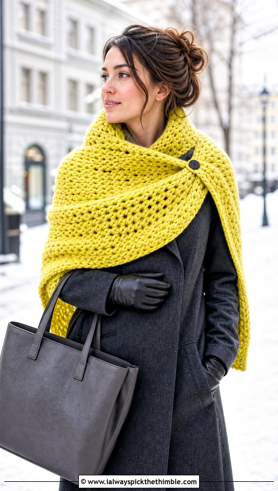 Chunky Crochet Shawl With Wool Coat - 20 Simple Crochet Shawl outfit ideas