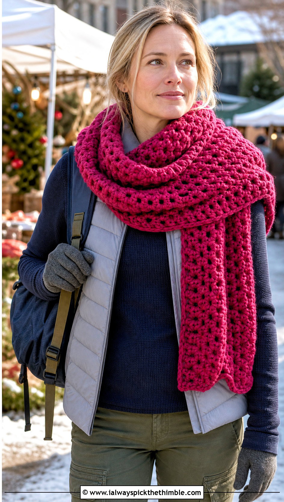 Chunky Crochet Shawl With a Puffer Vest - 20 one skein crochet shawl outfit ideas