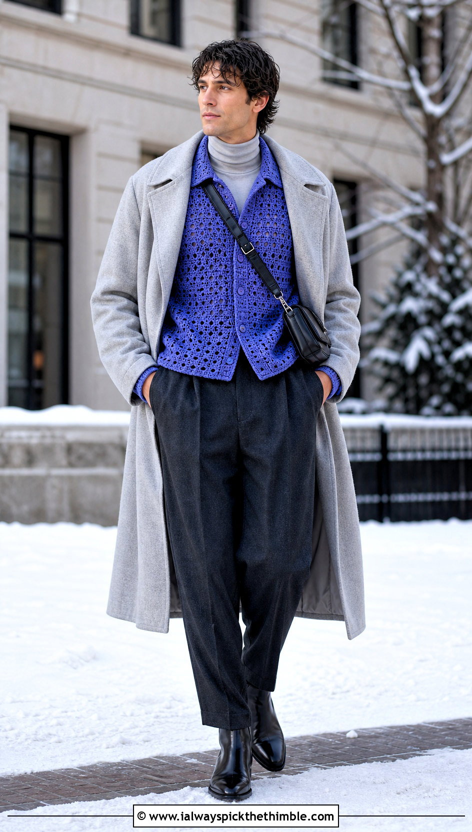 Chunky Crochet Shirt With Turtleneck And Wool Trousers - 25 crochet men shirt outfit ideas