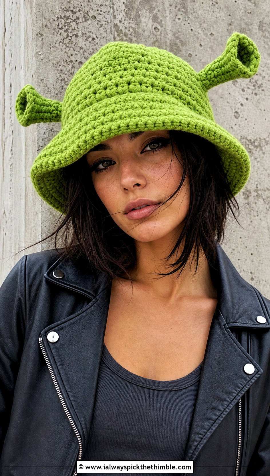 Chunky Crochet Shrek Bucket Hat With Leather Jacket - 25 crochet shrek hat outfit ideas