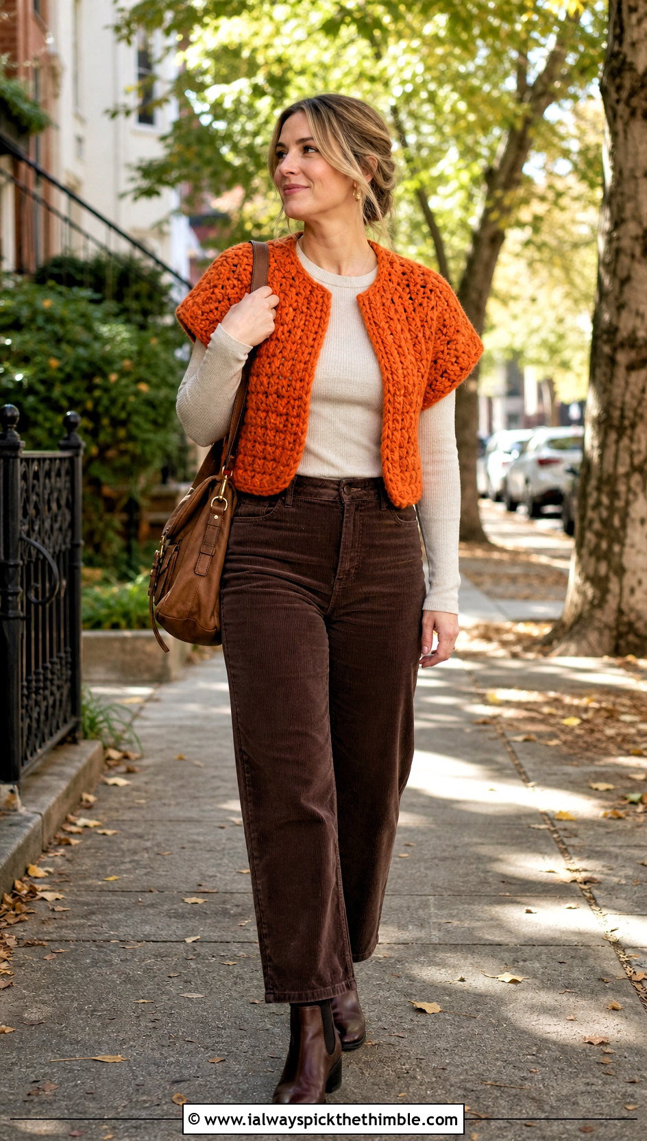 Chunky Crochet Shrug Vest With Corduroy Pants - 15 crochet shrug vest outfit ideas