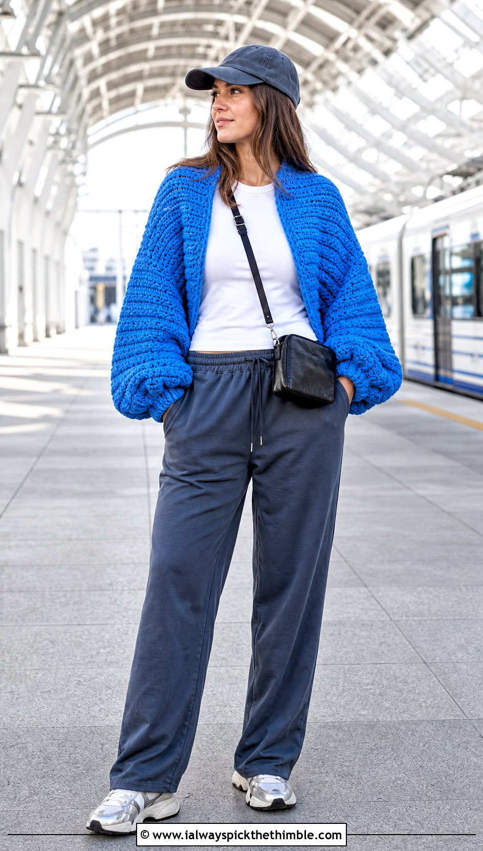 Chunky Crochet Shrug With Tracksuit Pants - 20 easy simple crochet shrug outfit ideas