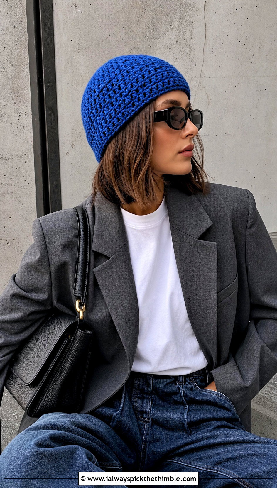 Chunky Crochet Skull Cap With Blazer And Wide Leg Jeans - 15 Simple Chunky Crochet Hat outfit ideas