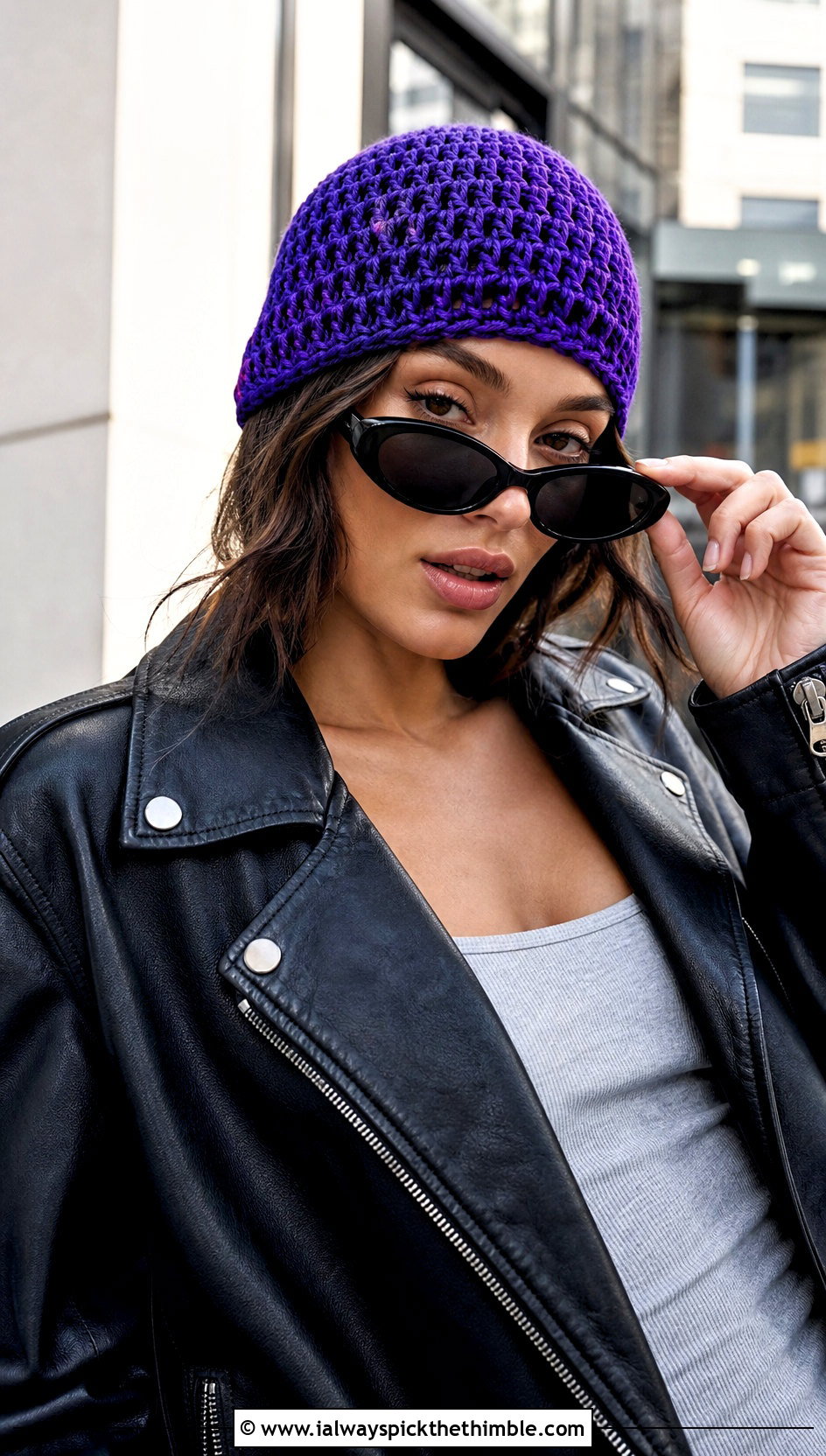 Chunky Crochet Skull Cap With Leather Jacket - 25 chunky crochet hat outfit ideas