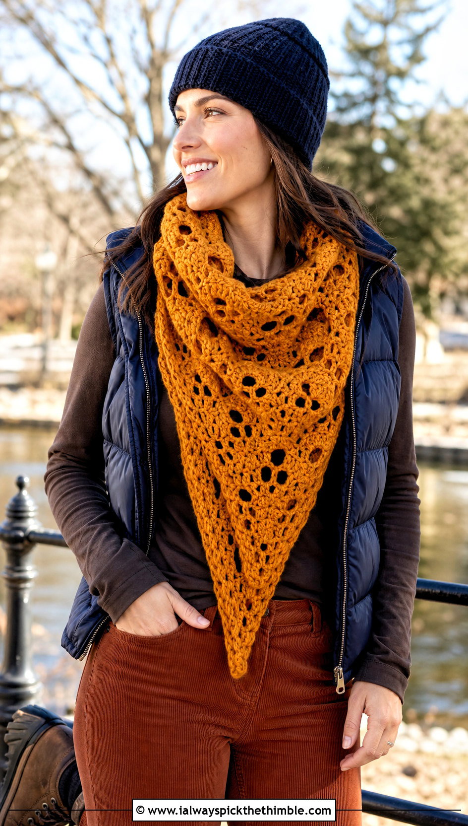 Chunky Crochet Skull Shawl With Puffer Vest And Corduroy Pants - 25 crochet skull shawl outfit ideas