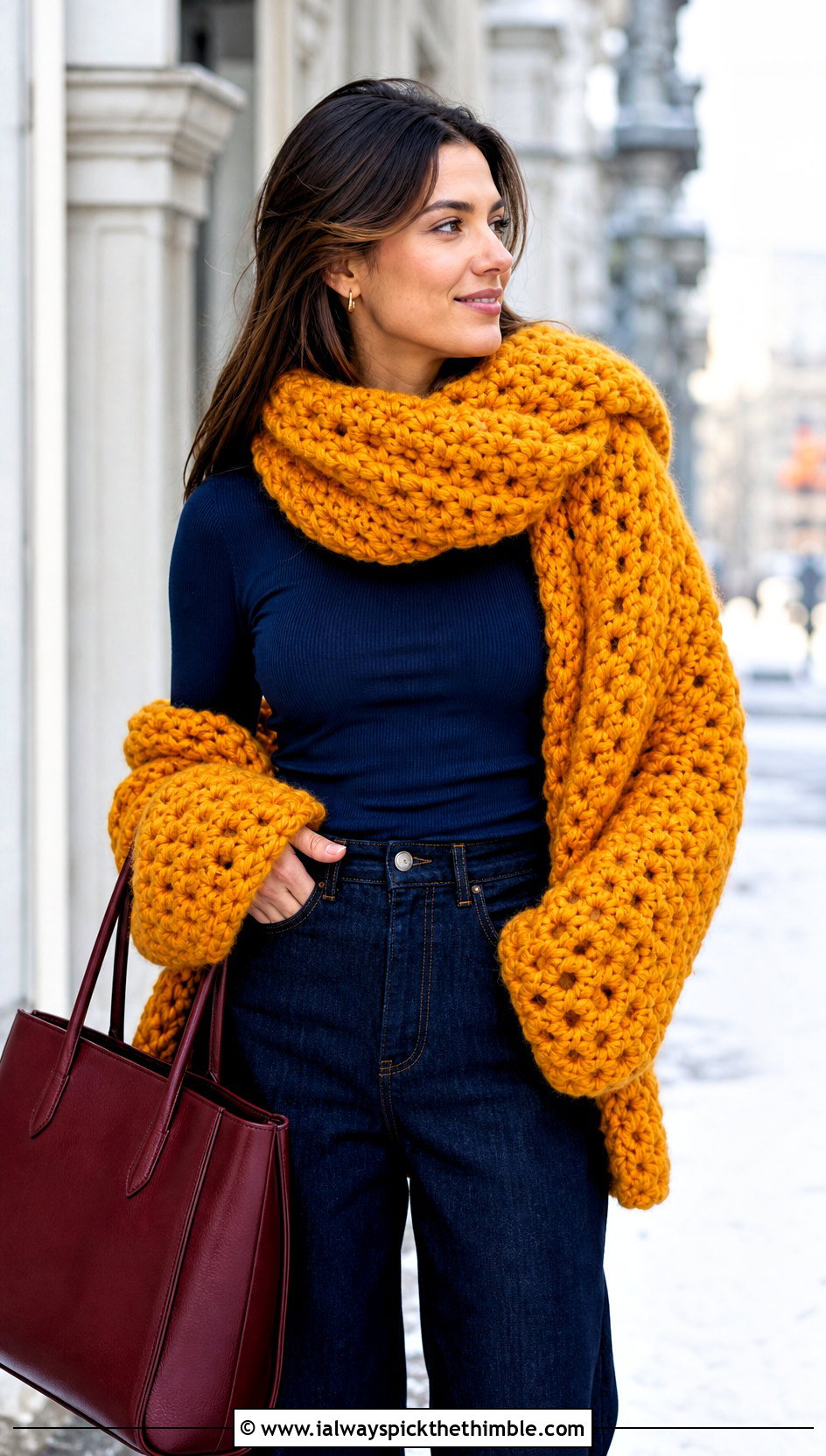 Chunky Crochet Sleeve Scarf With Wide Leg Denim - 20 crochet sleeve scarf outfit ideas