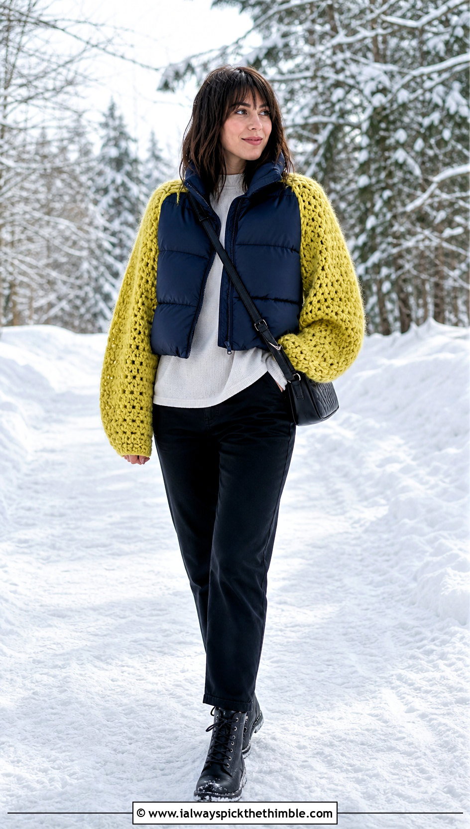 Chunky Crochet Sleeve Wrap With Puffer Vest - 25 crochet wrap with sleeves outfit ideas