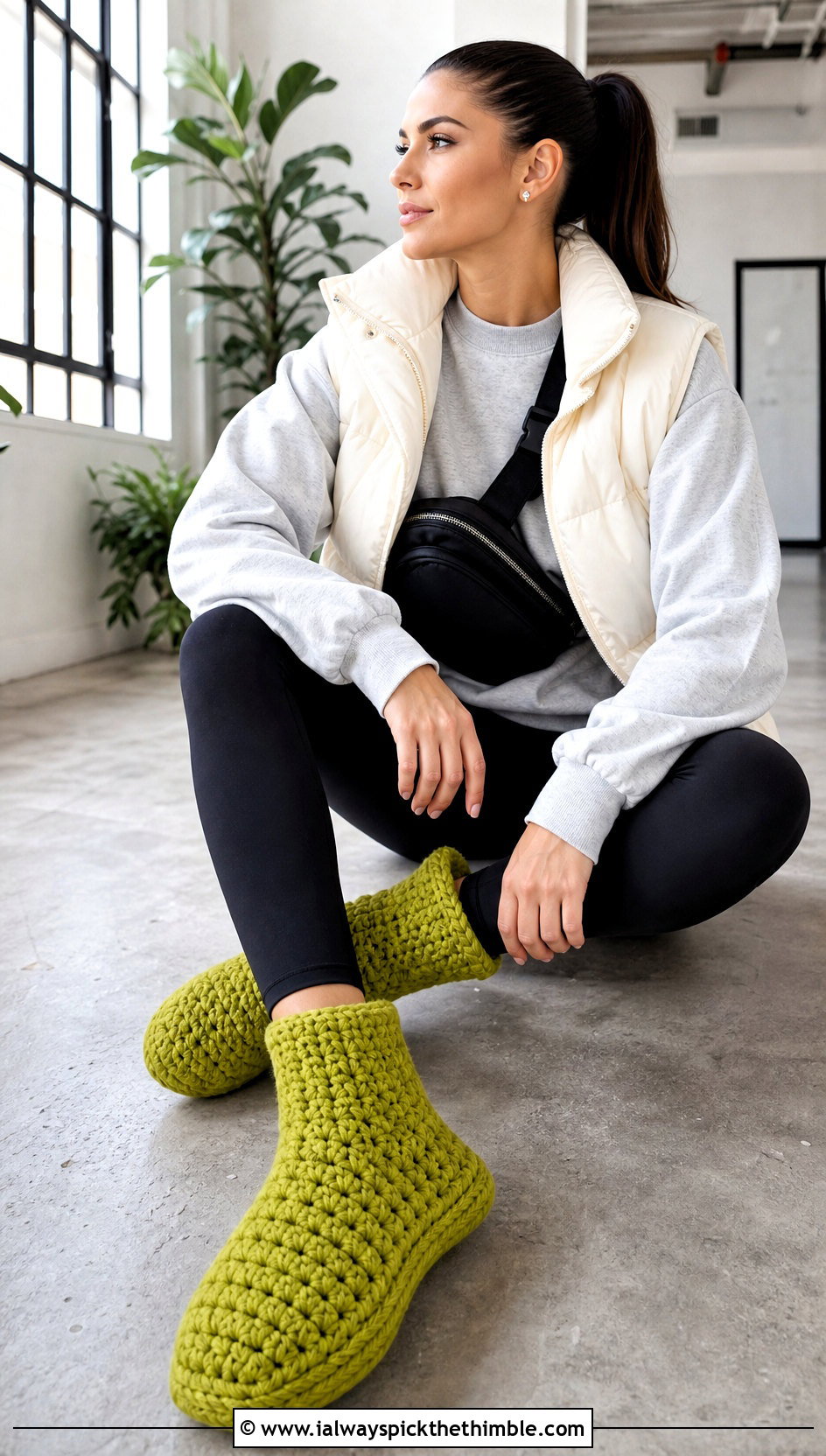 Chunky Crochet Slipper Booties With Leggings And Puffer Vest - 25 crochet slipper outfit ideas