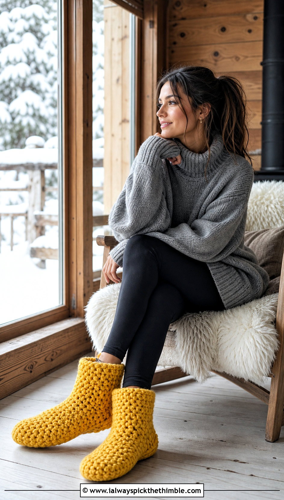 Chunky Crochet Slipper Boots With Leggings And Oversized Sweater - 20 crochet sock slippers outfit ideas