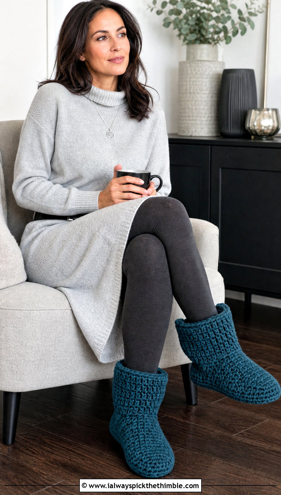 Chunky Crochet Slipper Boots With Sweater Dress - 20 Crochet Slipper Socks outfit ideas