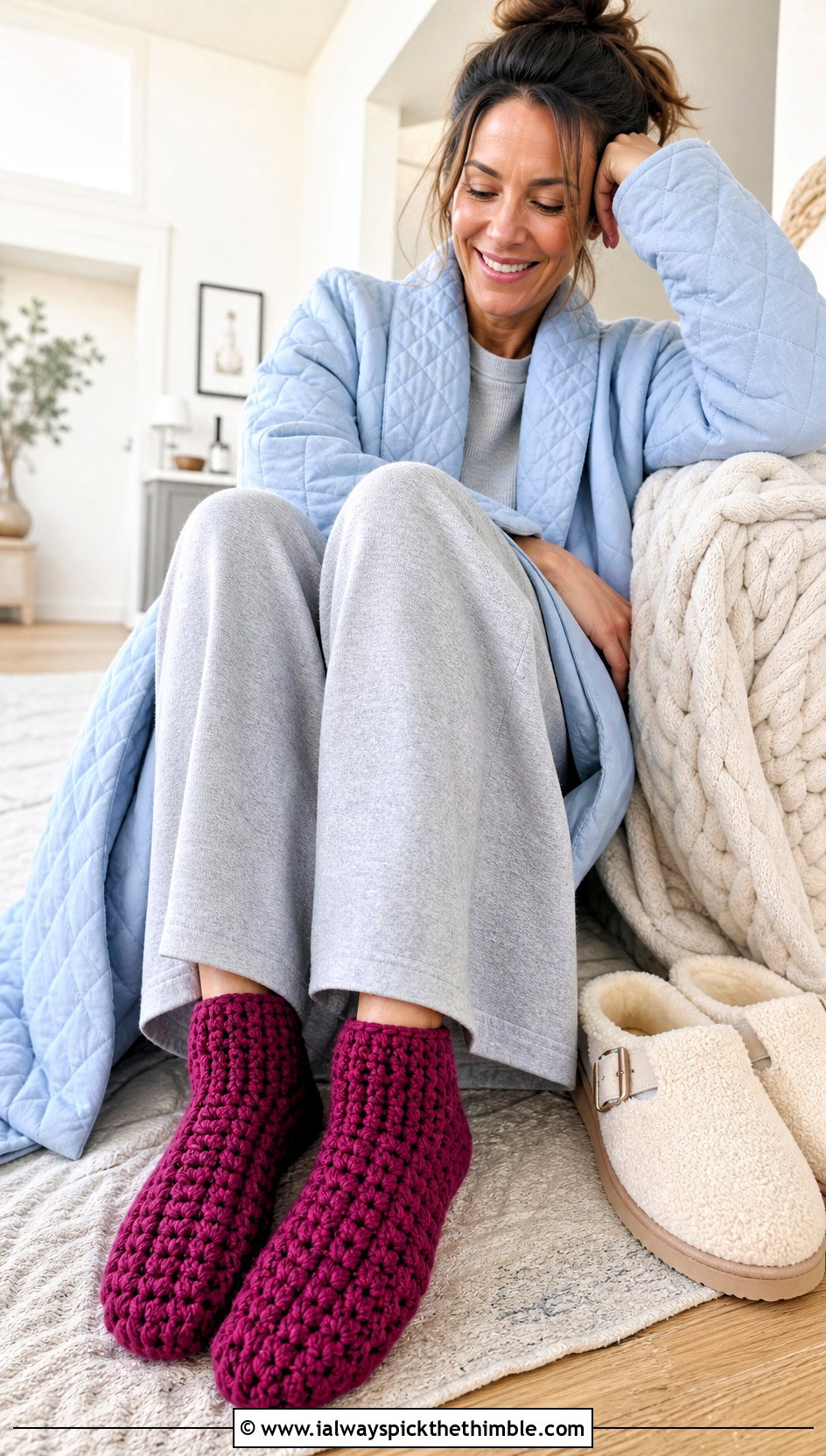Chunky Crochet Slipper Socks With A Lounge Set - 20 Crocheted Socks outfit ideas