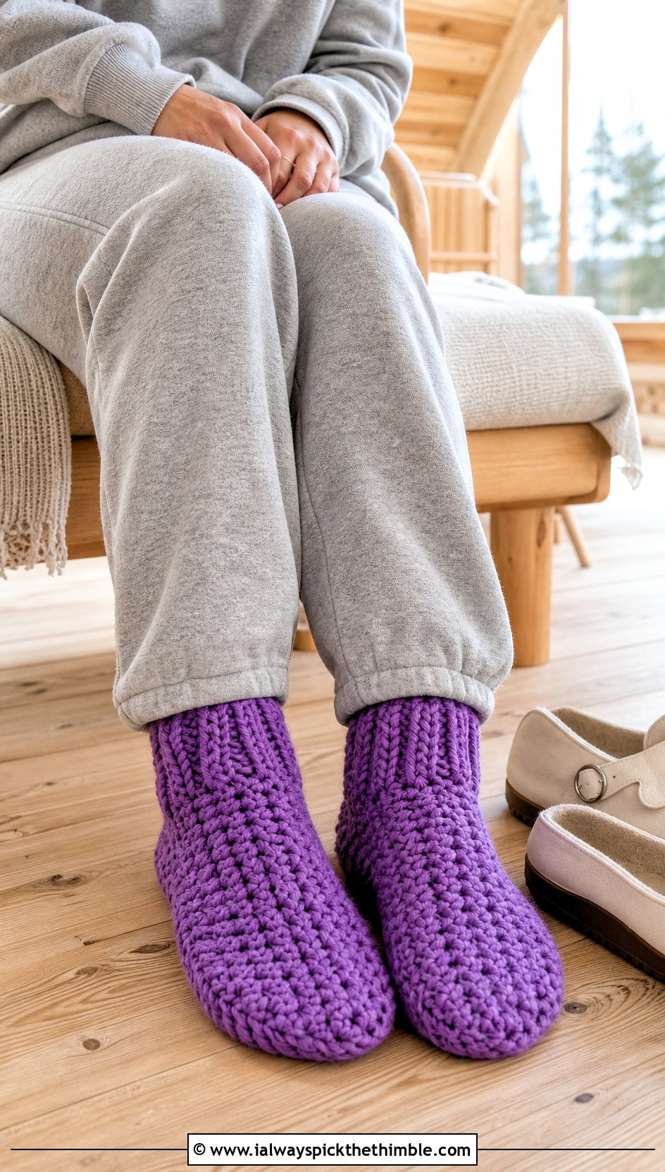 Chunky Crochet Slipper Socks With Lounge Set - 20 crochet winter socks outfit ideas