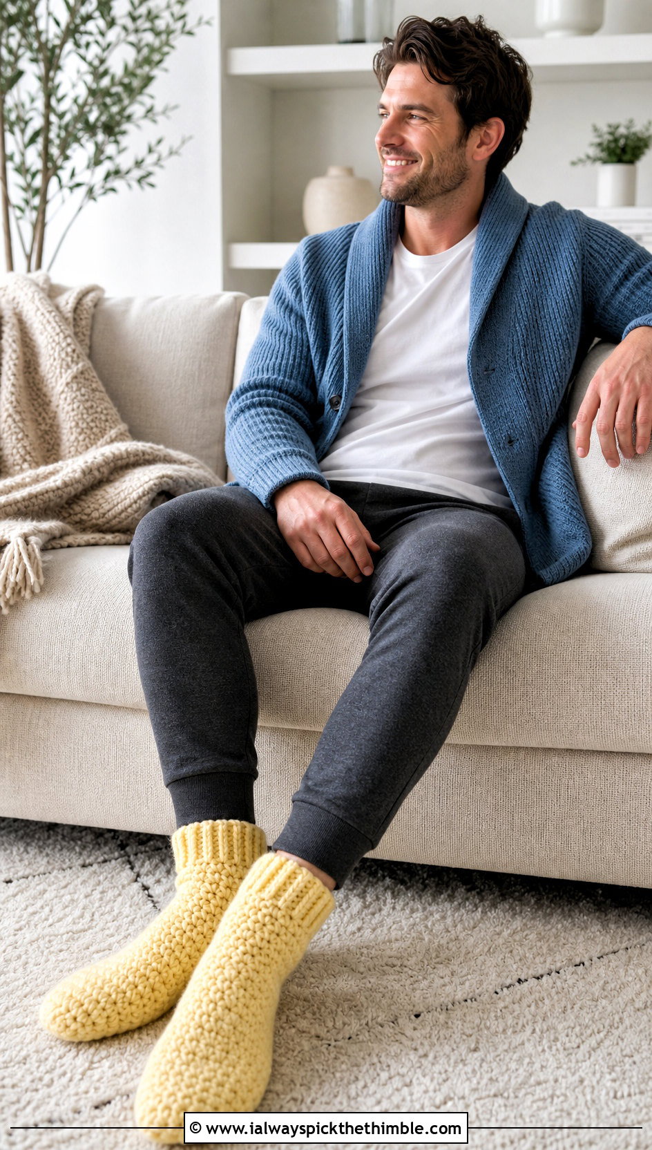 Chunky Crochet Slipper Socks With Loungewear - 20 men's crochet socks outfit ideas