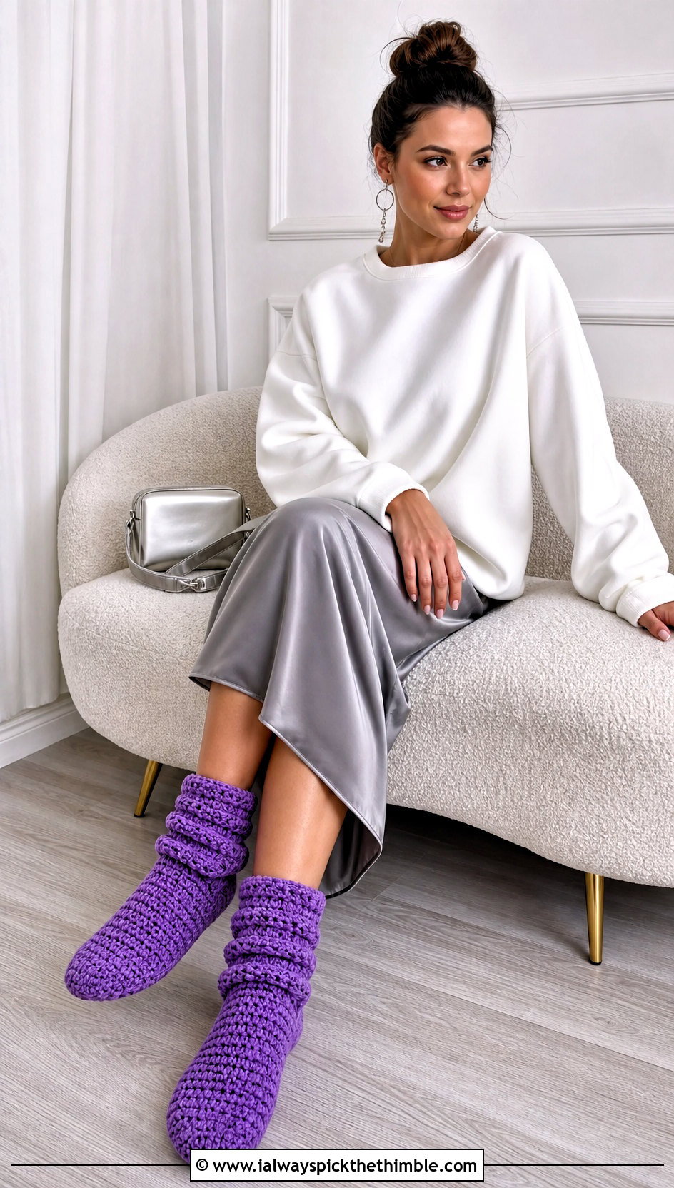 Chunky Crochet Slipper Socks With Satin Midi Skirt - 20 chunky crochet slippers outfit ideas