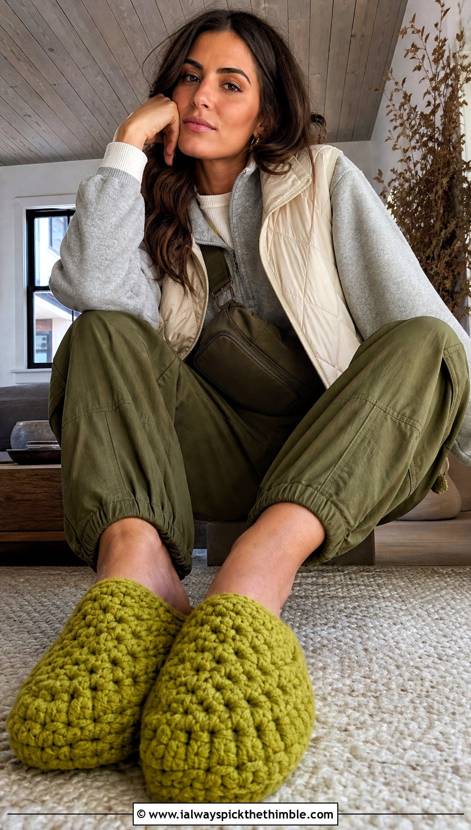 Chunky Crochet Slippers With Cargo Joggers And Half Zip Sweatshirt - 20 crochet winter slippers outfit ideas