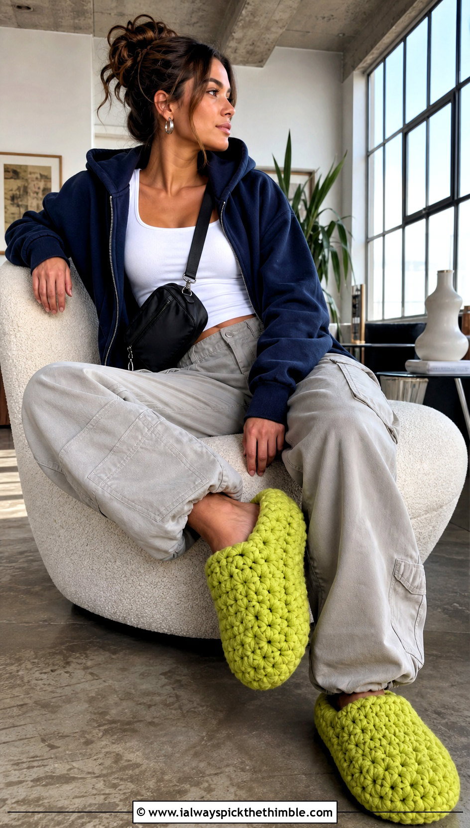 Chunky Crochet Slippers With Cargo Pants And Hoodie - 25 easy crochet slippers outfit ideas