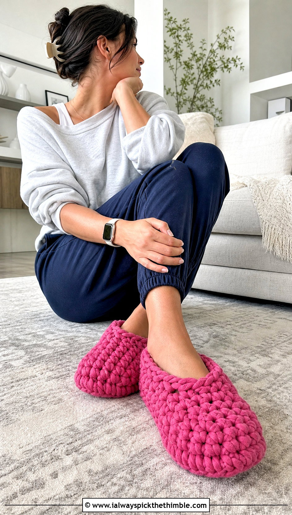 Chunky Crochet Slippers With Joggers - 20 simple crochet slippers outfit ideas