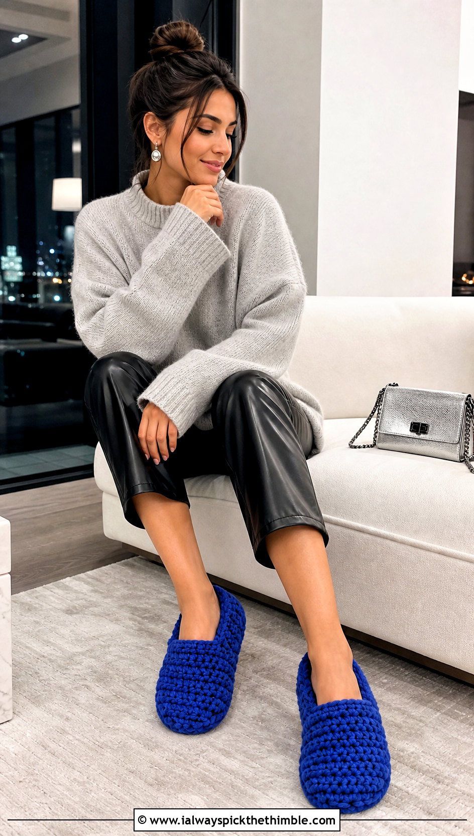 Chunky Crochet Slippers With Leather Pants - 15 Women's Crochet Slippers outfit ideas