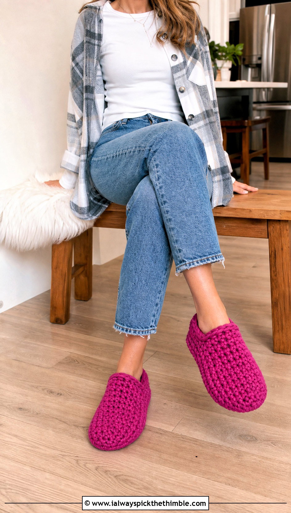 Chunky Crochet Slippers With Shacket And Straight Jeans - 20 Easy Crochet Slippers For Beginners outfit ideas