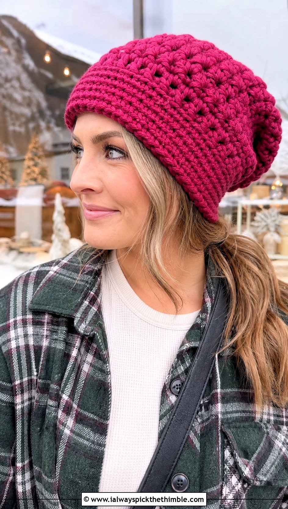 Chunky Crochet Slouch Beanie With Shacket - 25 crochet slouch beanie outfit ideas