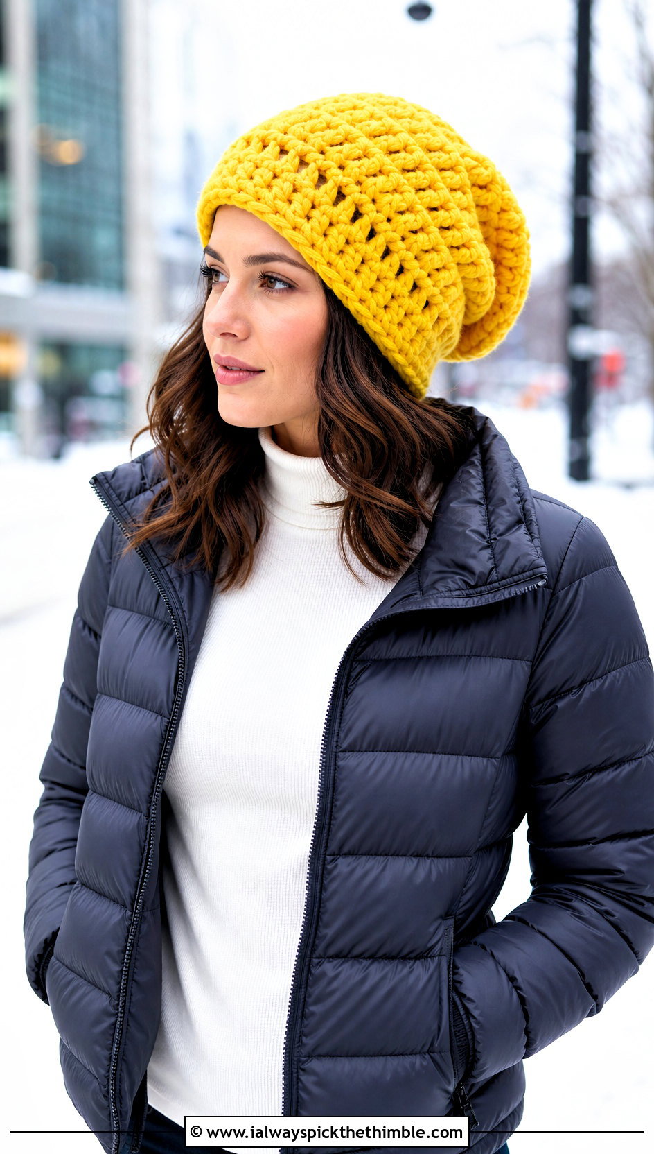 Chunky Crochet Slouch Hat With Puffer Jacket - 20 easy crochet slouch hat outfit ideas